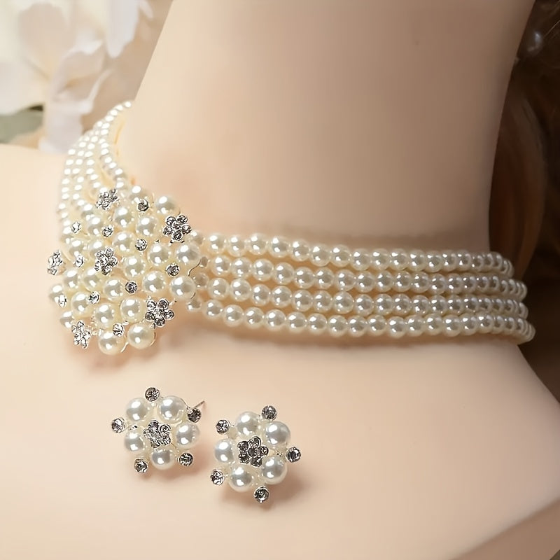 Luxury Bridal Necklace & Earring Set for Women – Silver-Plated Beaded Jewelry Set for Weddings, Evening Parties & Stage Performances, Elegant Dress Accessories