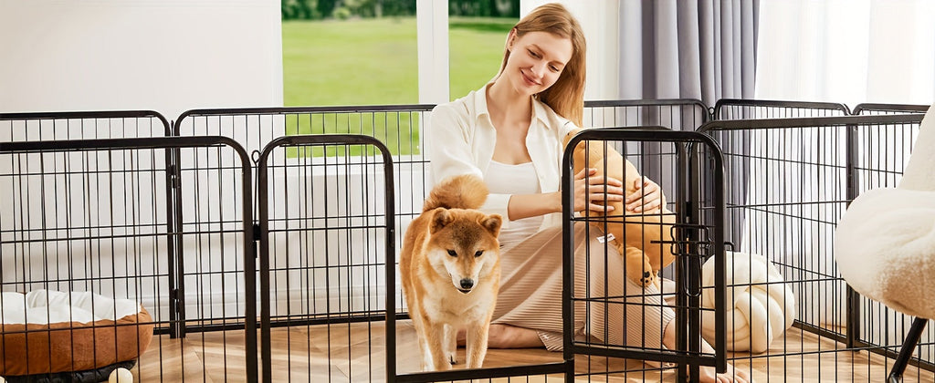 Dog Playpen 8 or 16 Panel DIY Metal Kennel with Door for Large, Medium, and Small Dogs – 24, 32, 40 Inch Indoor/Outdoor Puppy Pen, Easy to Assemble & Move