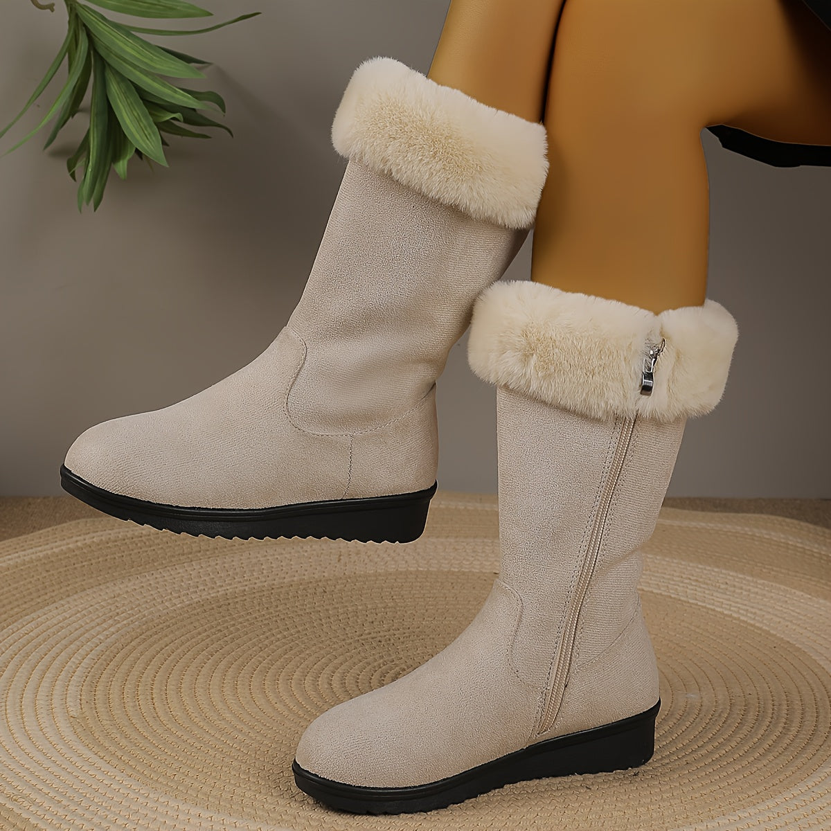 Women's Casual Warm Long Boots - Cozy Winter Knee-High Boots - US 4.5–10.5 - Off-White & Black
