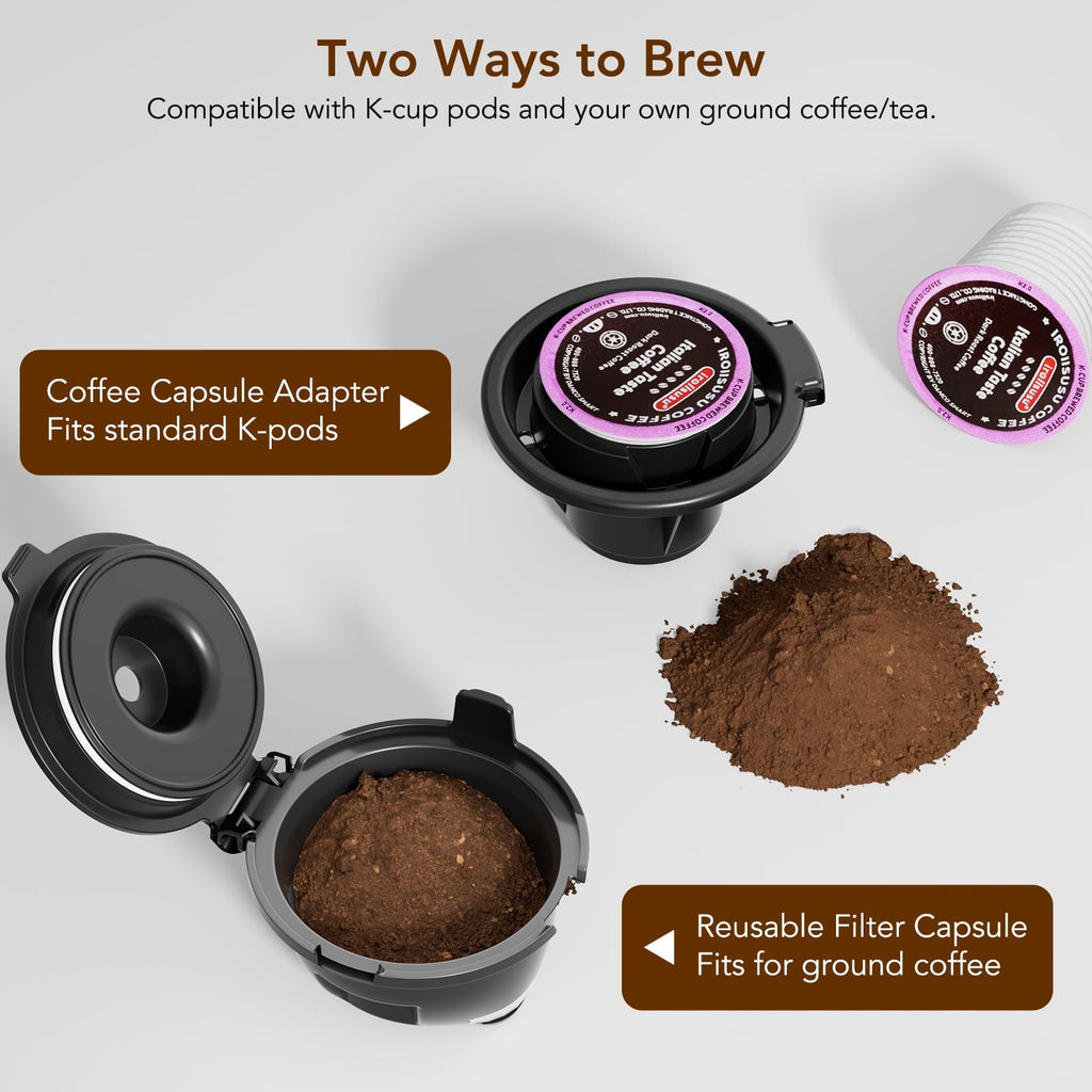 Single Serve Coffee Maker 1200W – Compatible with K-Cup Pods & Ground Coffee 40oz Water Tank Self-Clean Quick Heating for Home & Office