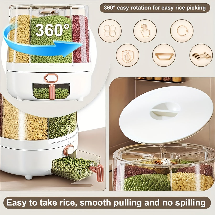 Rotating Cereal Dispenser 6-Grid Large Capacity Airtight Rice Storage Container, Moisture-Proof Insect-Proof Grain Dispenser with Transparent Window & Press Button, Food-Grade PP for Rice, Grains, and Flour
