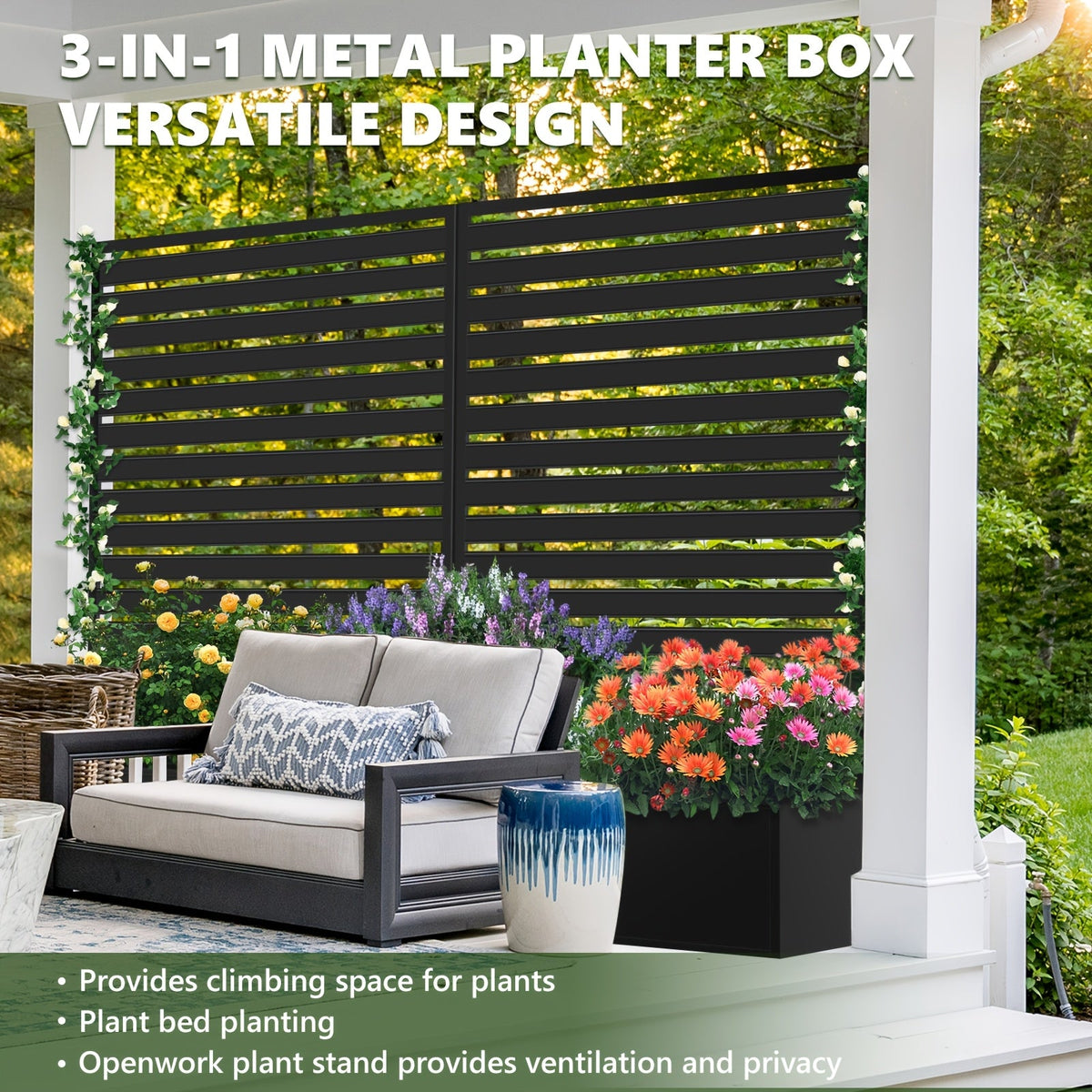 2-in-1 Metal Raised Garden Bed with Trellis & Privacy Screen 35" x 16" x 71" for Climbing Plants Vines & Flowers – Drainage Holes, Outdoor Standing Planter Box, Leaf & Black Finish