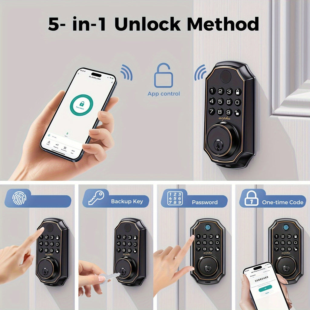 Keyless Smart Door Lock - Fingerprint, Keypad & App Control, 50 Fingerprint + 50 Password Codes, WiFi, Auto Lock, Anti-Peeping, One-Touch Unlock - Metal Deadbolt - Black & Silver