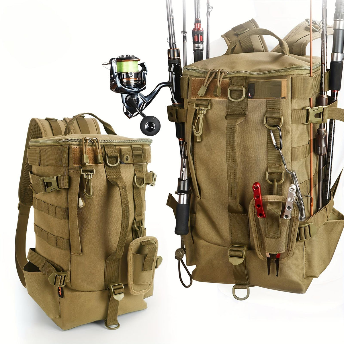Lightweight Fishing Backpack 2-Piece Set, Waterproof Nylon Angler Daypack with Scissors Pouch, Zippered Tackle Organizer for Outdoor Hiking and Travel, Black/Army Green/Khaki
