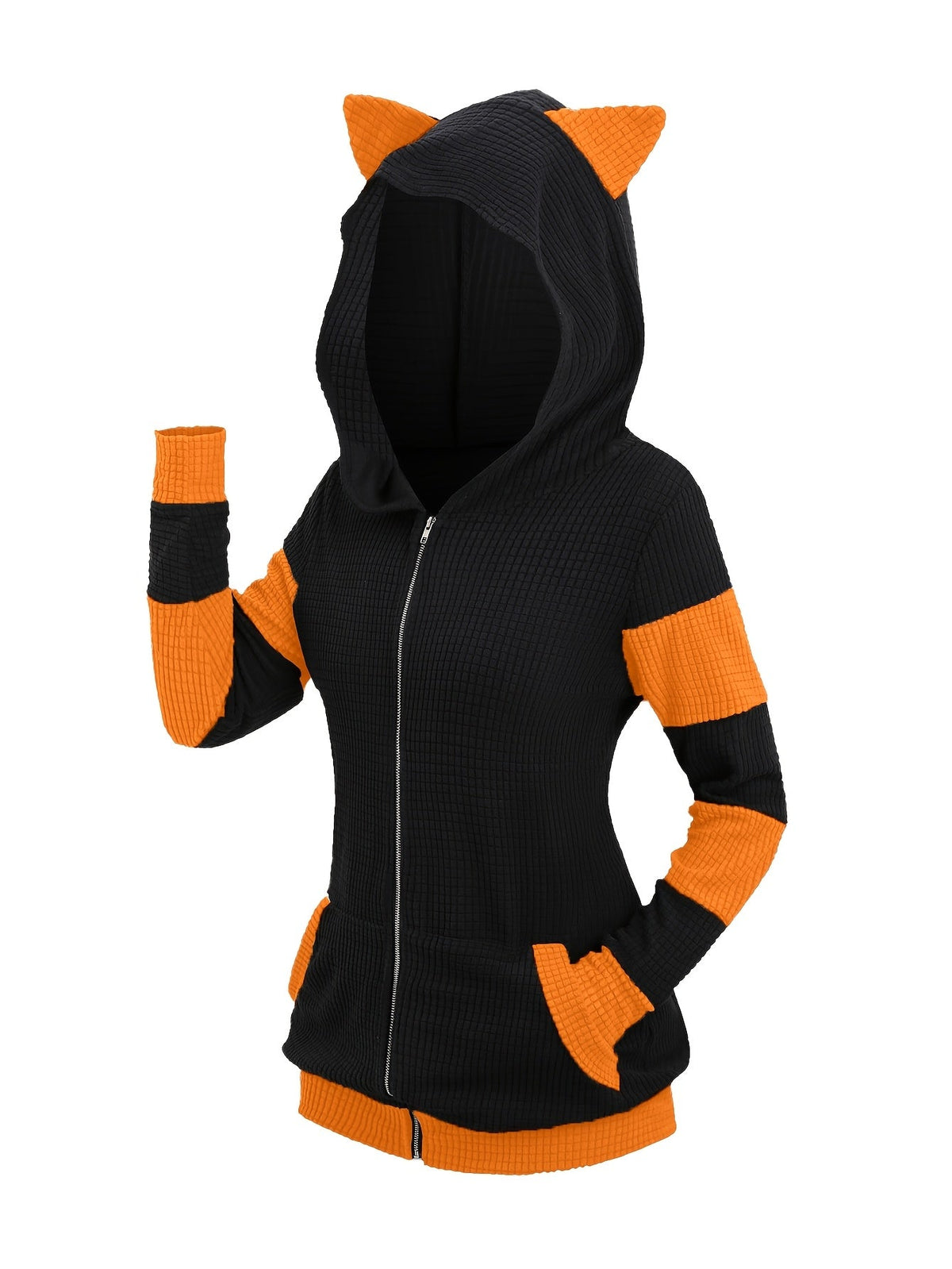 Women's Cat Ear Hooded Sweatshirt Jacket, Color Block Mid-Length Zip-Up Hoodie, Fall/Winter Thickened Warm Casual Outerwear, S-XXL