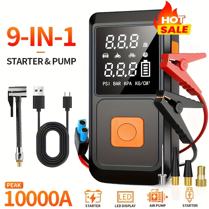 Portable Car Jump Starter 6000mAh with 150PSI Air Compressor Inflator, Digital Display, USB-C Charging, LED Light, and Dual Safety Protection for Cars, Trucks, and SUVs - Outdoor Travel Camping Emergency Kit