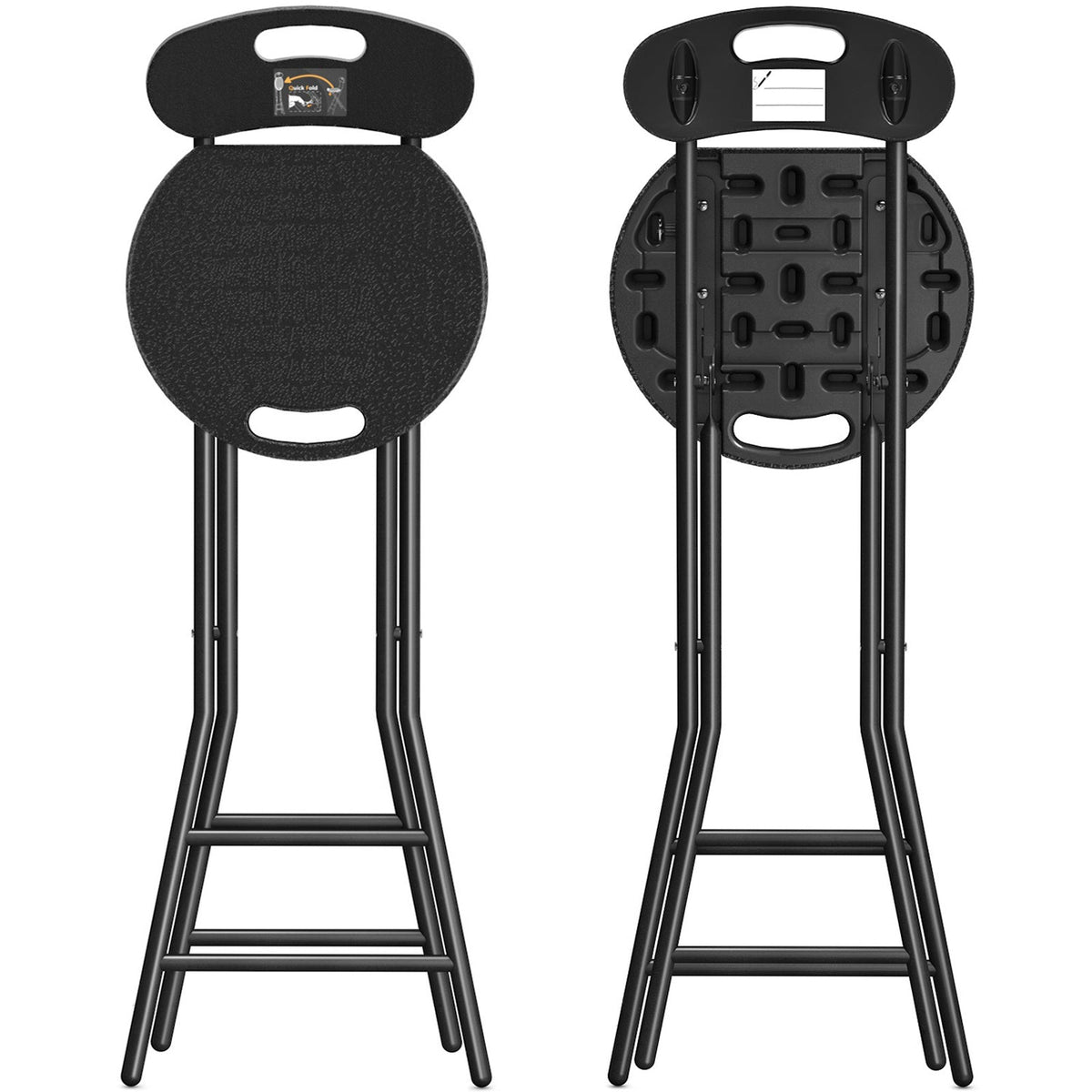 Folding Bar Stool 2-Pack - 24", 350 lbs Capacity, Alloy Steel, Backrest, 2-Height Footrest, Hinge Lock & Handle - Kitchen, Bar, Camping & Outdoor - Black