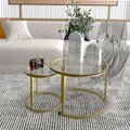 Nesting Glass Coffee Tables Set of 2 – Round Modern Industrial Metal Frame Side Tables for Living Room Bedroom in Clear Gray Striped & Tea Glass with Gold or Black Frame