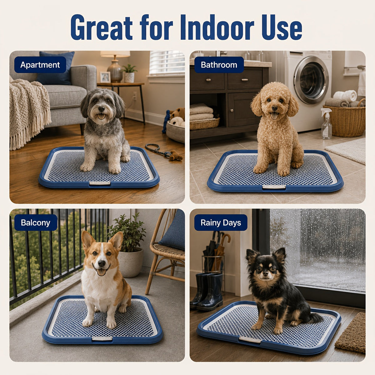 Dog Potty Tray Leak-Proof Indoor Puppy Toilet with Removable Grate, Washable Pee Pad Holder for Apartment Puppy Training, Pet Potty Station for Small to Medium Dogs