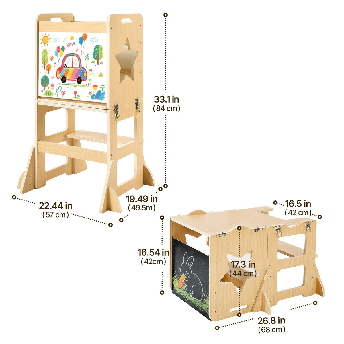 Weaning Table and Chair Set 4-in-1 Kids Learning Tower with Chalkboard & Whiteboard, Toddler Kitchen Step Stool, Converts to Easel & Step Stool, Natural Wood, Ages 1-5