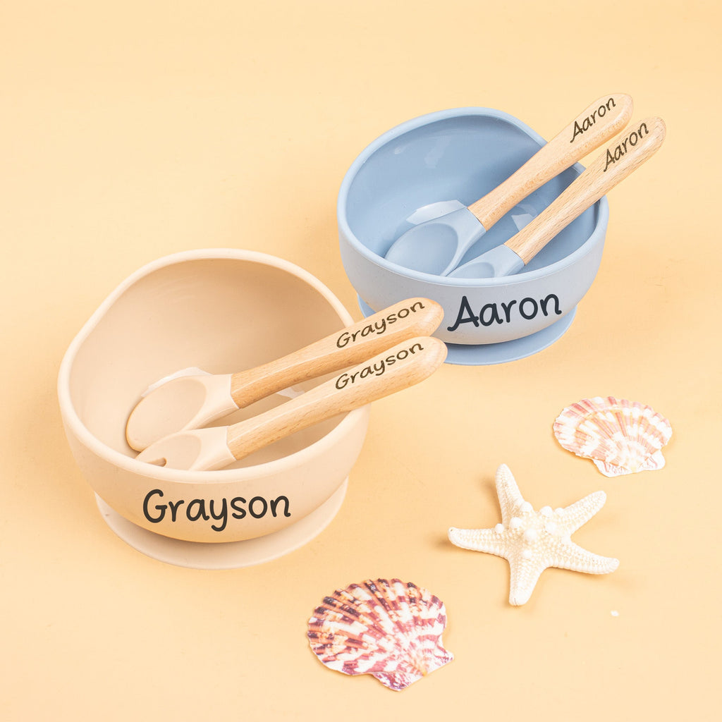 Personalized Engraved Silicone Baby Suction Bowl, Custom 3-Piece Baby Feeding Bowl Set, Christening & First Birthday Gift for Kids, 5 Colors Including Beige Blue Gray Pink & Green