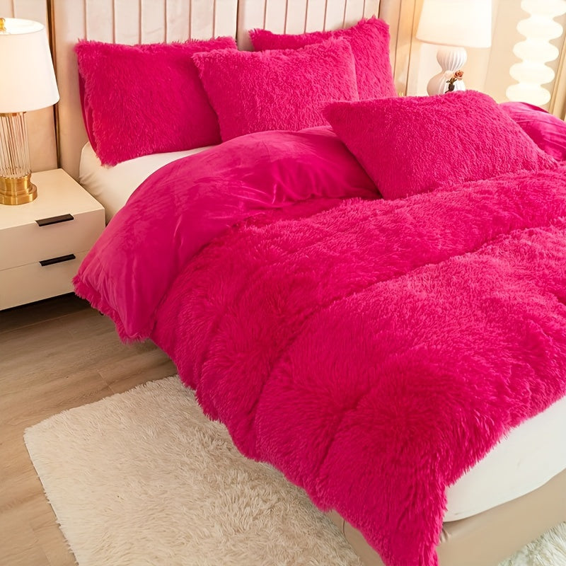 Plush Duvet Cover Set 3 Piece, Long Hair Knitted Polyester, Solid Color Fuzzy Comforter Cover with Zipper Closure, All-Season Soft Cozy Bedding Set for Bedroom, Multiple Colors Available