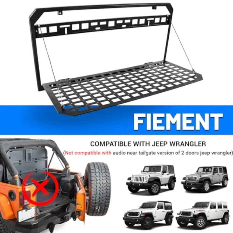 Jeep Wrangler Tailgate Table & MOLLE Panel, Foldable Cargo Rack, Aluminum Alloy, 100 lbs, Powder-Coated, No-Drill Install for JK/JKU, for Wrangler JK JKU JL JLU 4-Door 2007-2025, 24-Month Warranty