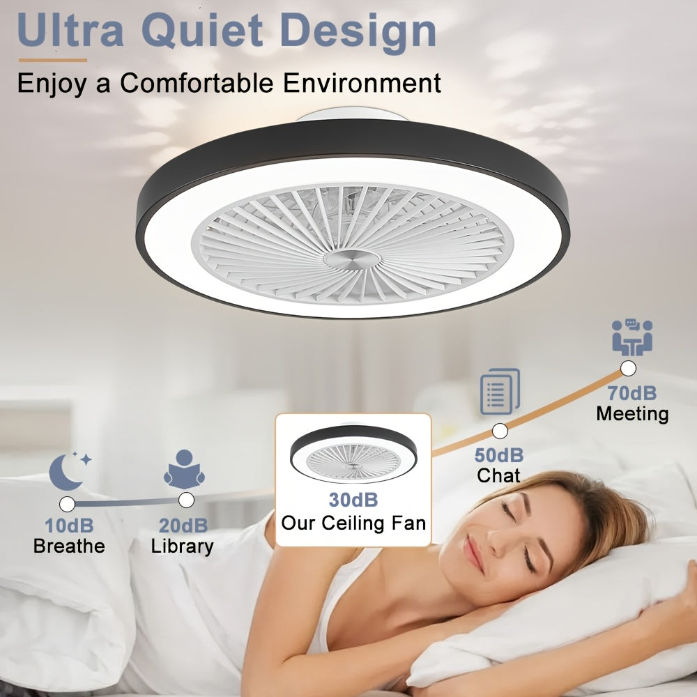 20" Bladeless Ceiling Fan with Light – Dimmable LED Flush Mount Hidden Reversible Blades 3 Color Temperatures 4 Speeds 3800LM 48W for Bedroom Restaurant in Black & White