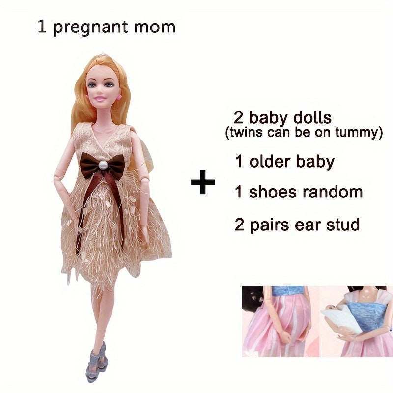 11.8 Inch Fashion Pregnant Doll with Movable Joints, Mom Doll with 2 Baby Dolls, Elder Doll, Ear Studs, Shoes, Modern Dress, Princess Doll, Educational Toy for Girls Ages 3+