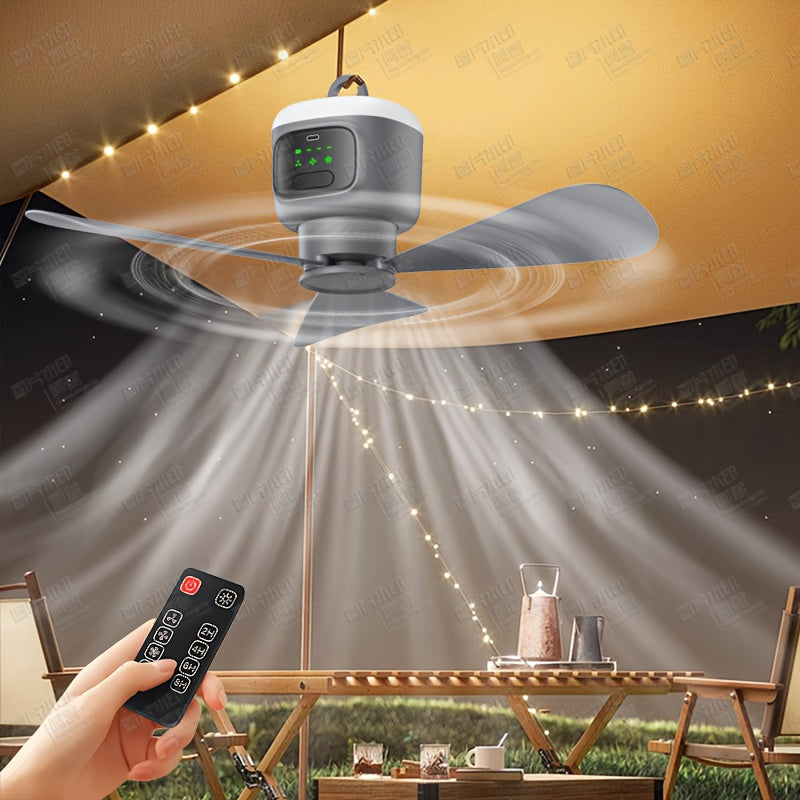 12000mAh Camping Fan with LED Light & Remote Control - 4 Speeds, 8-Hour Timer, Up to 30 Hours Runtime, Rechargeable Battery Ceiling Fan for Tent Outdoor Indoor Bedroom - Grey