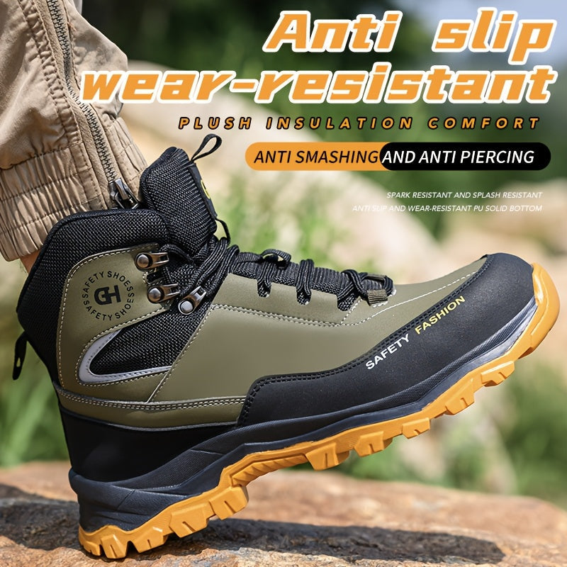 Men's Steel Toe Work Boots, Heavy Duty, All-Terrain Rubber Sole, Cushioned Insole, Arch Support, Four-Season Construction, Industrial, Farm, and Outdoor Boots, Black/Army Green, US Sizes 6-11