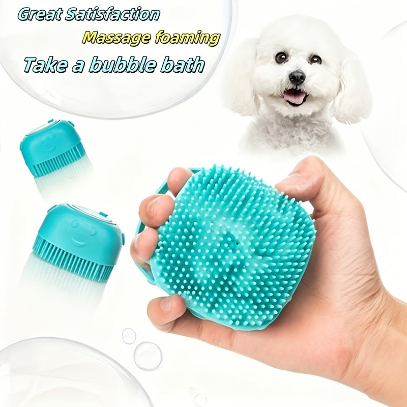 Pet Grooming Bath Brush with Built-In Shampoo Dispenser, Dog and Cat Massage Brush, De-shedding Scrubber, Ergonomic Handle, Soft Silicone Bristles for Bathing Dogs and Cats, Blue