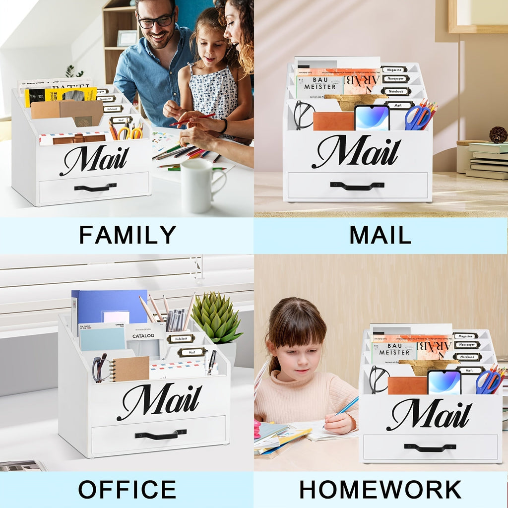 Large Solid Wood Desktop Mail Organizer with Drawer and 4 Compartments, Labelable Dividers for Files, Letters, and Paper Folders, Desk Organizer for Home Office, Students, and Professionals