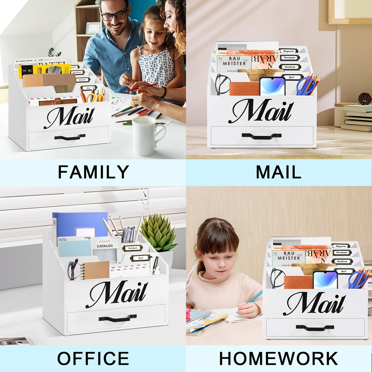 Large Solid Wood Desktop Mail Organizer with Drawer and 4 Compartments, Labelable Dividers for Files, Letters, and Paper Folders, Desk Organizer for Home Office, Students, and Professionals