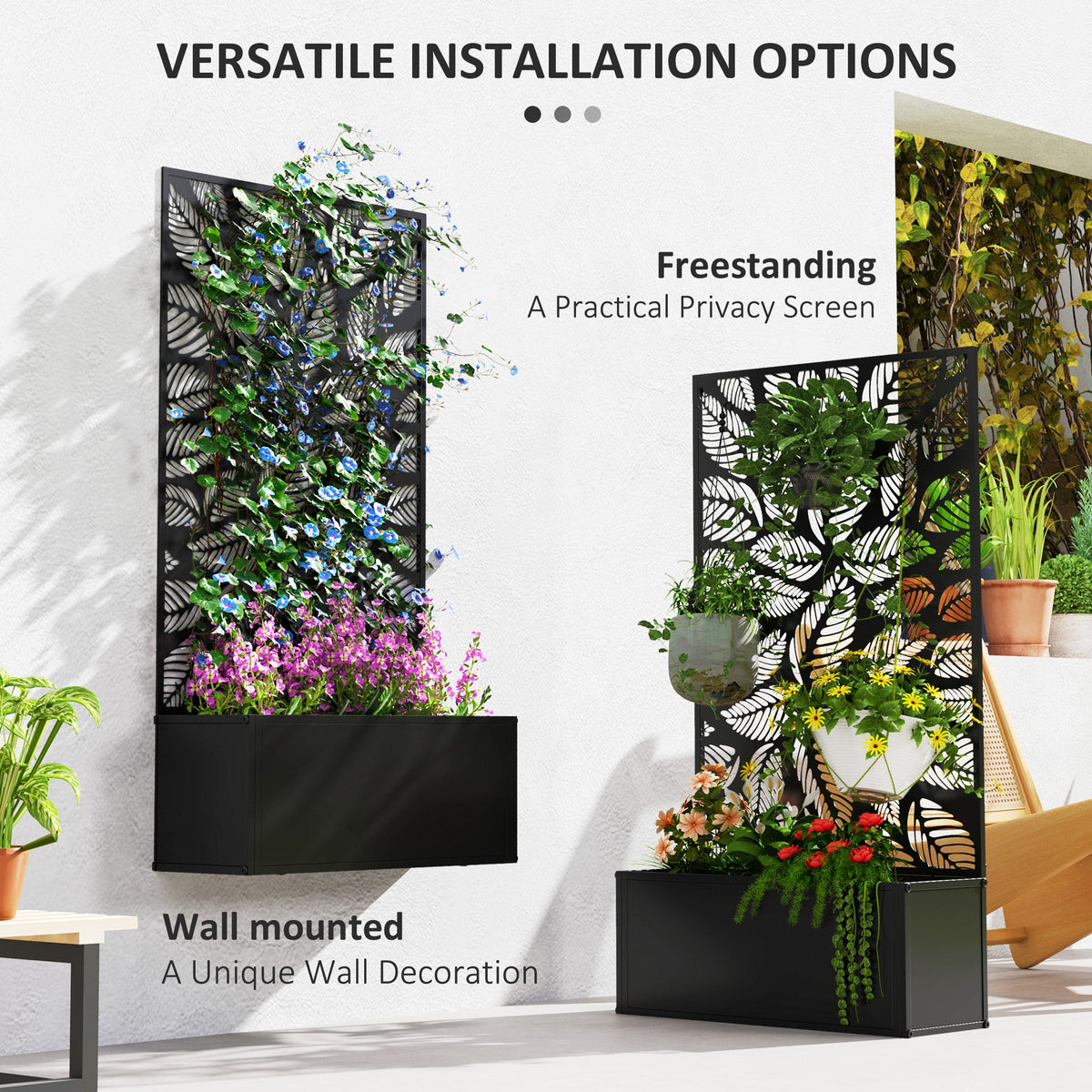 Metal Raised Garden Bed with Trellis & Privacy Panel, 8 Gallon, 24"x9.1"x44.5", Leaf Cutout Design, Drainage Slots, Freestanding or Wall Mount, Powder-Coated, for Garden, Patio & Balcony