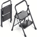 2-Step Folding Ladder – Safe-Lock Sturdy Steel Anti-Slip Pedals & Handrail for Home Kitchen & Office in Black