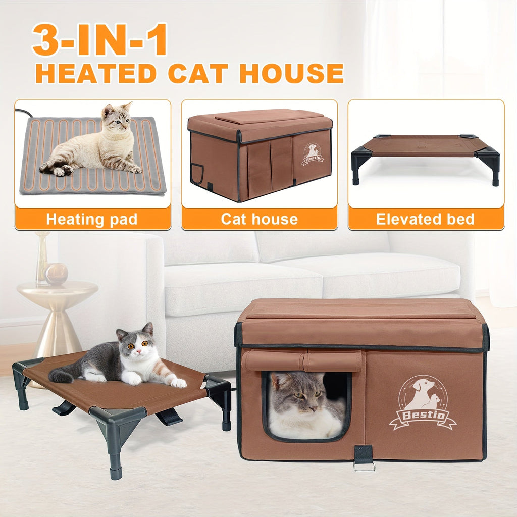3-in-1 Heated Cat House with Removable Warming Pad & Elevated Bed – Chew-Resistant Cord, Double Door, All-Season Indoor/Outdoor Cat Shelter Cave Condo for Cats, Kittens & Small Dogs
