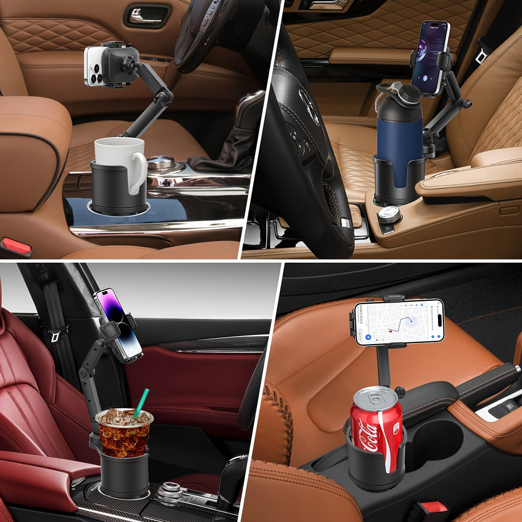 Car Phone Cup Holder Mount 2-in-1, 360° Swivel Rotation, Universal Fit for Cars, SUVs, and Trucks with Shock-Absorbing Trim - Black Extender