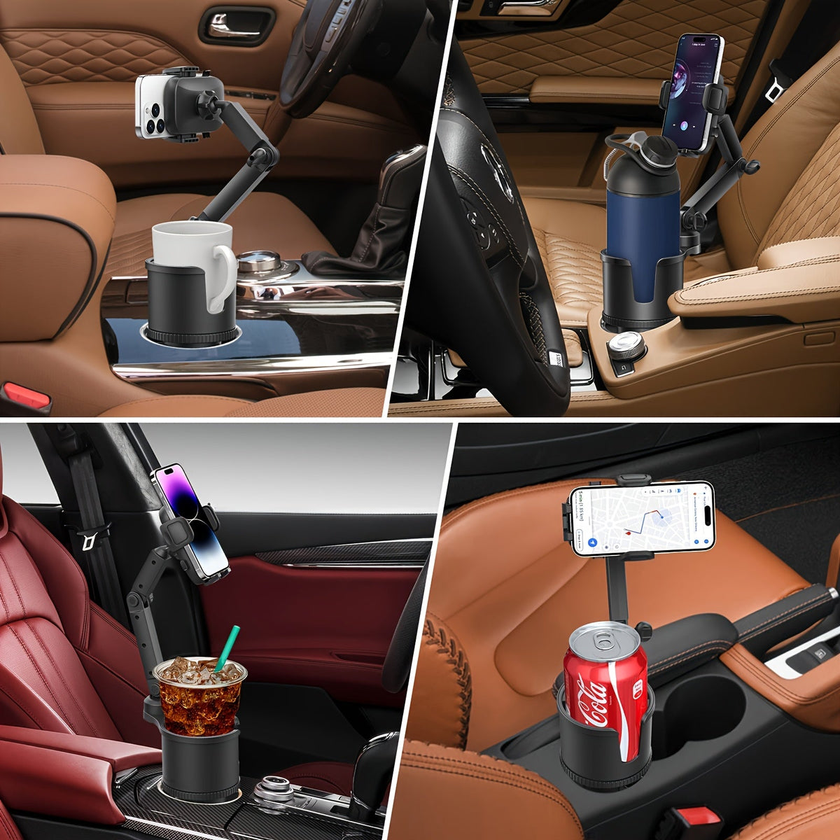 Car Phone Cup Holder Mount 2-in-1, 360° Swivel Rotation, Universal Fit for Cars, SUVs, and Trucks with Shock-Absorbing Trim - Black Extender