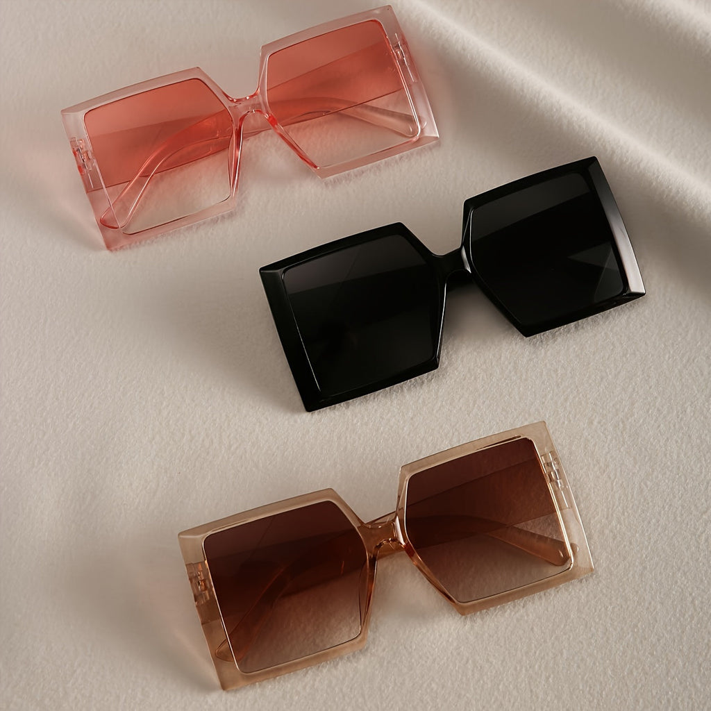 3-Pack Women's Oversized Flat Top Fashion Sunglasses Set - Large Square Frame Trendy Retro Eyewear in Pink, Champagne, and Black for Beach, Driving, Travel & Everyday Style