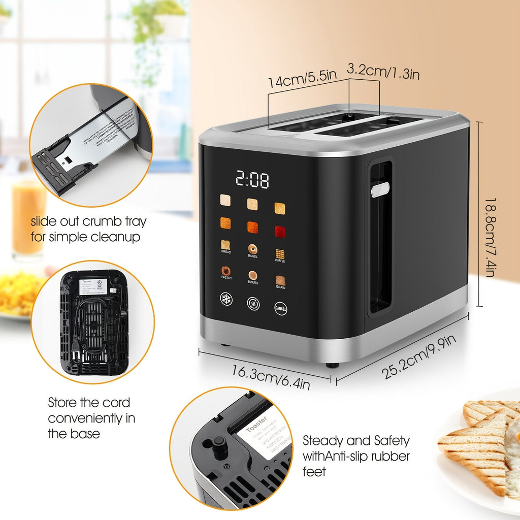 2-Slice Touchscreen Toaster with 1.5" Wide Slots - 6 Bread Types, 6 Shade Settings, 5 Toast Functions, Cancel & Defrost, for Bread English Muffins Bagels Croissants - Black