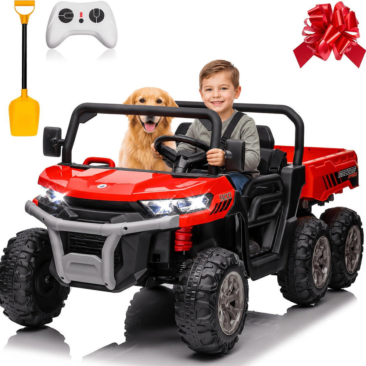 24V Kids Ride-On UTV with Remote Control, Dual Drive Mode, 3 Speed Settings, Bluetooth Music, 4 LED Lights, Suspension System & Flower Decor – Outdoor Ride-On Car for Boys & Girls Ages 3+ – Red Green Pink