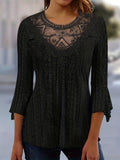 Women's Contrast Lace Trim Long Sleeve Blouse – Sexy Semi-Sheer Round Neck Elegant Pullover Top for Spring, Summer, and Fall in Black, White & Orange-Red