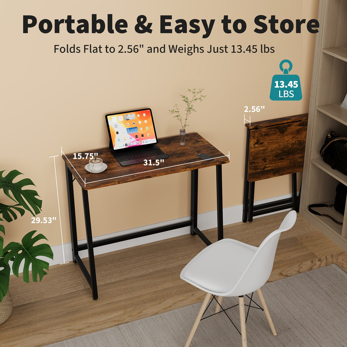 31.5 In Foldable Desk Compact Computer Table Metal Frame Gaming & Writing Workstation for Small Home Office – Black Wood Rust