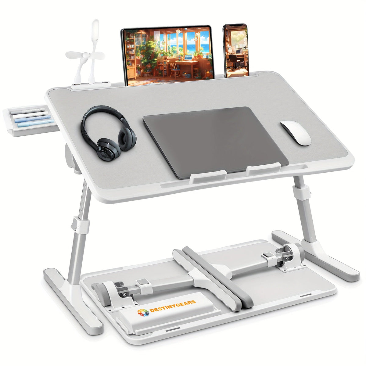 Lap Desk Bed Tray Table with USB Light, Fan & Drawer – Adjustable Portable Laptop Stand for Bed, Couch, Sofa; Laptop Desk for Reading, Writing, Eating – 10 Colors & Sizes