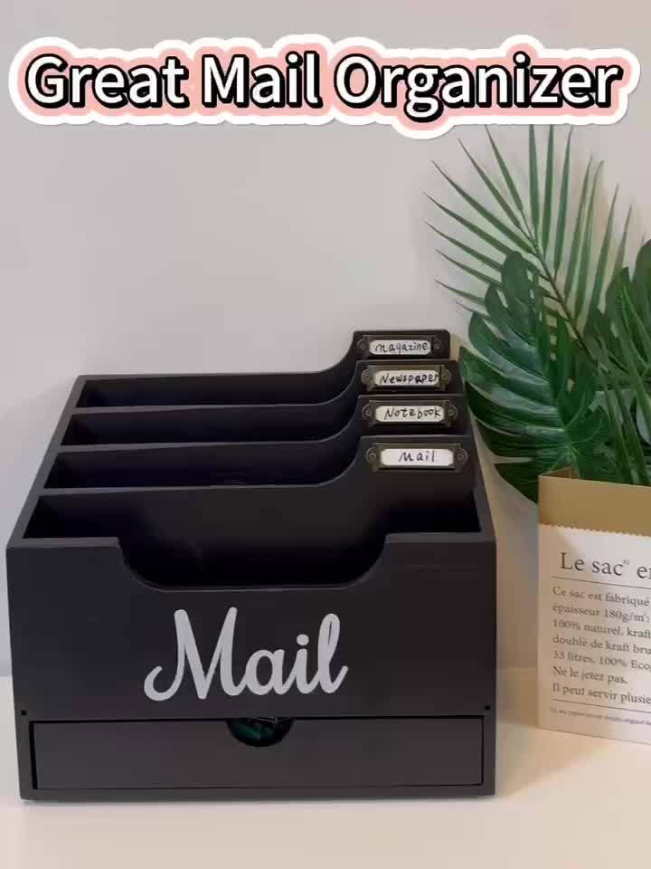 Large Solid Wood Desktop Mail Organizer with Drawer and 4 Compartments, Labelable Dividers for Files, Letters, and Paper Folders, Desk Organizer for Home Office, Students, and Professionals
