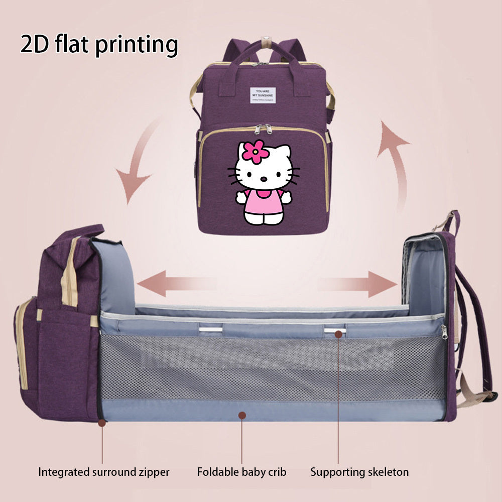 Cute Cartoon Kitty Print Large Capacity Diaper Backpack with Changing Station, Portable Mommy Baby Bag for Travel & Daily Outings, Purple Black & Grey, Halloween Thanksgiving Gift