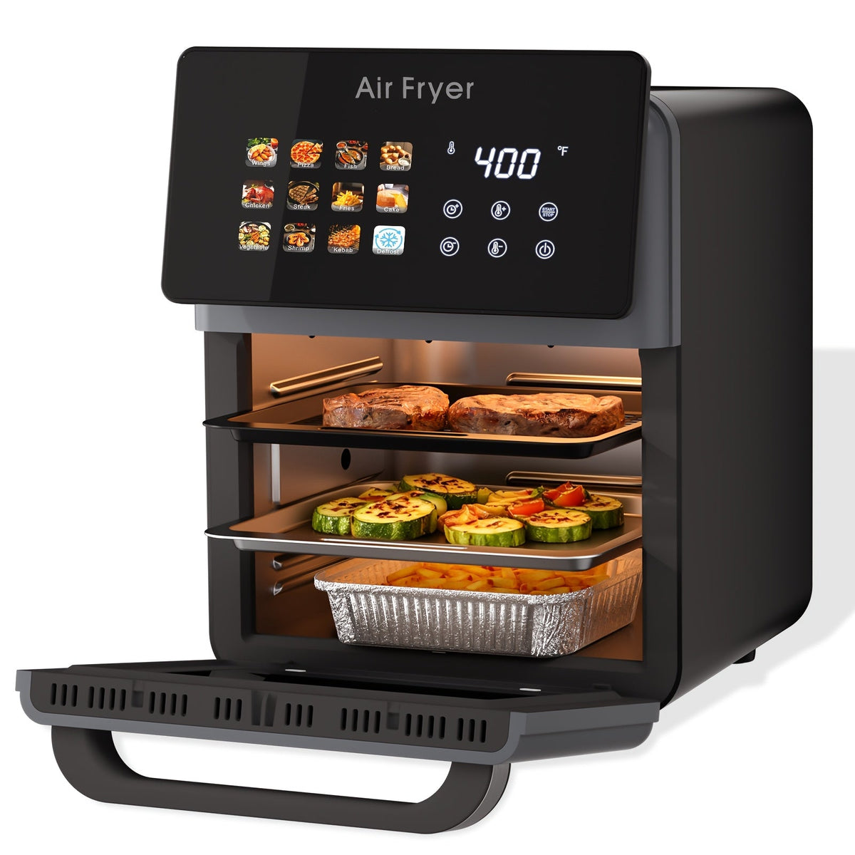 Air Fryer Oven 10Qt 12-in-1 Smart Convection – Glass View Window Nonstick Basket Touchscreen Controls for Kitchen in Cream White & Black