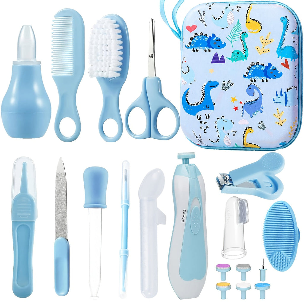 15-Piece Baby Grooming & Care Kit with Portable Case, Complete Newborn Essentials Set with Hair Brush Comb Nail Clipper & Nail File for Boys & Girls, Blue & Pink