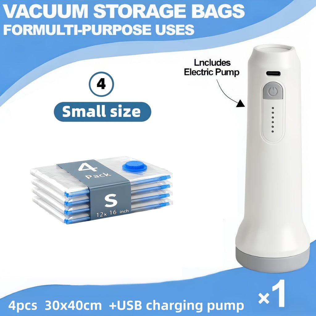 4-Pack Vacuum Storage Bags with USB Electric Air Pump - 1500mAh Rechargeable, 3 Sizes (30×40 / 40×50 / 50×60cm) - Space-Saving for Clothes & Seasonal Bedding