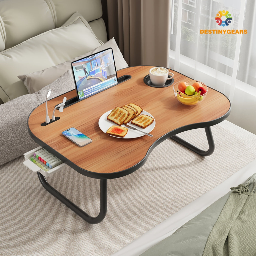 Laptop Desk with USB Port, Storage Drawer & Cup Holder – Walnut Wood Bed Tray Table for Eating, Writing, Sofa, Couch, Adults, and Students