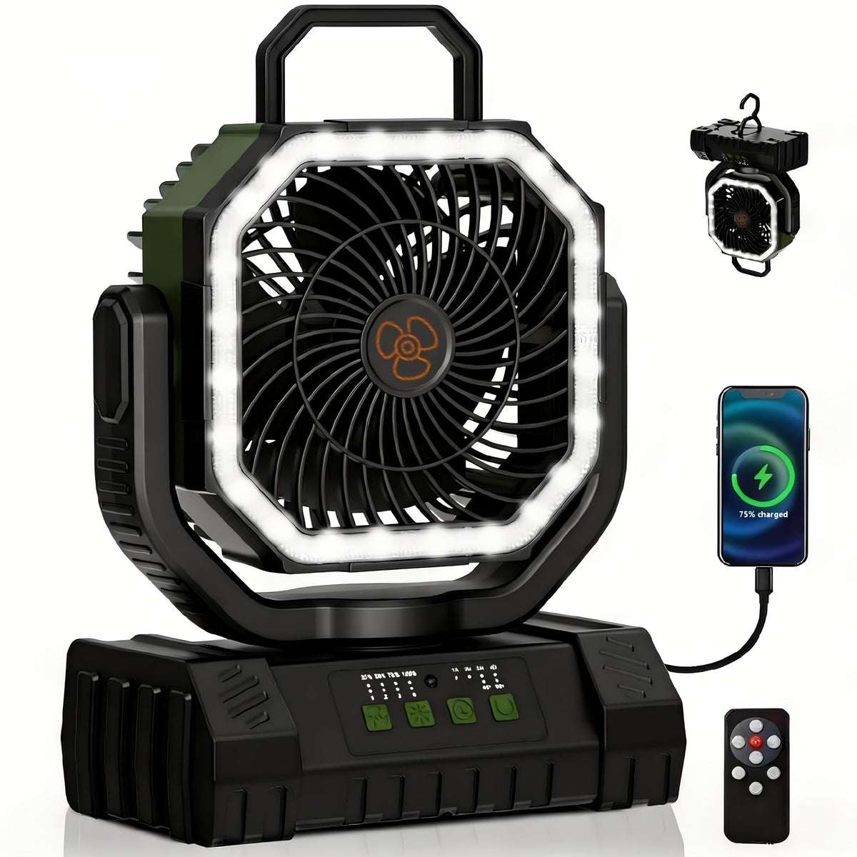 20000mAh Camping Fan with Remote Control, LED Light, Oscillating, 4 Speeds, Timer, and Power Bank - Rechargeable Tent Fan for Camping, Picnic, BBQ, Fishing, and Outdoor Use
