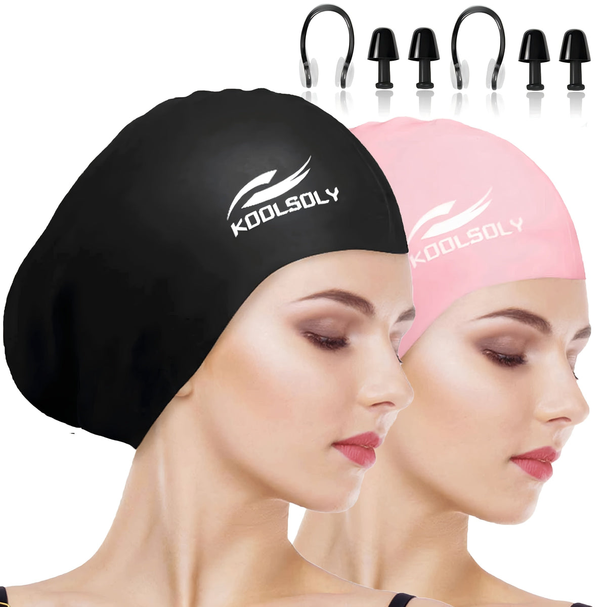 Silicone Swimming Cap 2-Pack with Ear Protection for Long Hair – Includes Earplugs & Nose Clip, Waterproof Swim Cap Set, 11 Color Options for Women, Men, and Adults