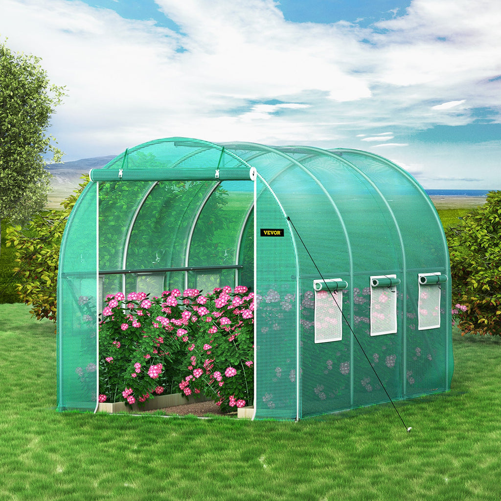 Walk-In Tunnel Greenhouse, 10x7x7 Ft, 0.8" Galvanized Steel Hoops, Top Beam & Diagonal Poles, Zippered Door, 6 Roll-Up Mesh Windows, Waterproof PE Cover, Stakes & Ropes Included, Green