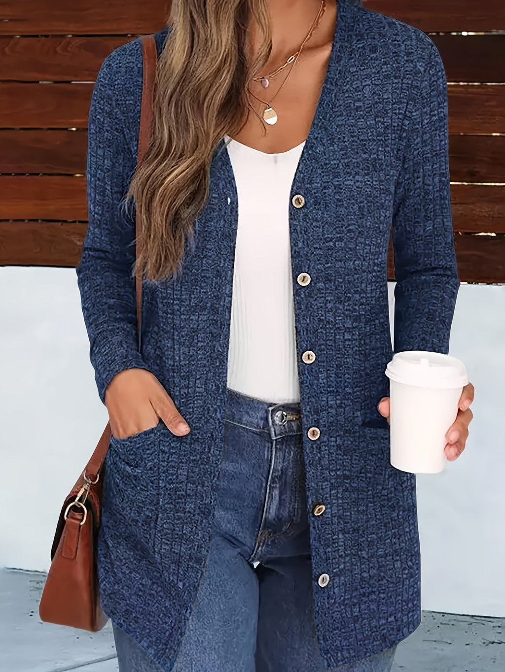 Women's V-Neck Button-Down Knit Cardigan with Pockets, Solid Color Fall Winter Sweater Coat S-XXL