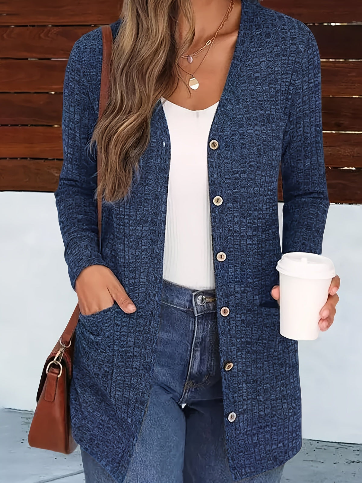 Women's V-Neck Button-Down Knit Cardigan with Pockets, Solid Color Fall Winter Sweater Coat S-XXL