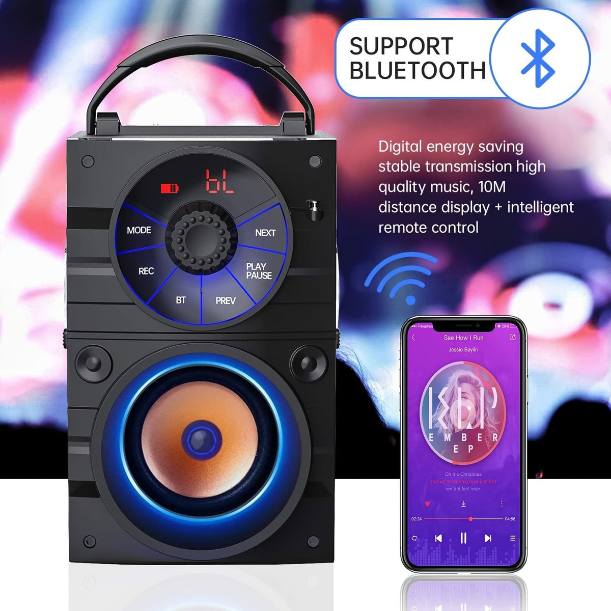 Portable Wireless Party Speaker with Subwoofer Heavy Bass Bluetooth FM Radio Remote Control LCD Display for Indoor Outdoor Home Phone & PC – Black