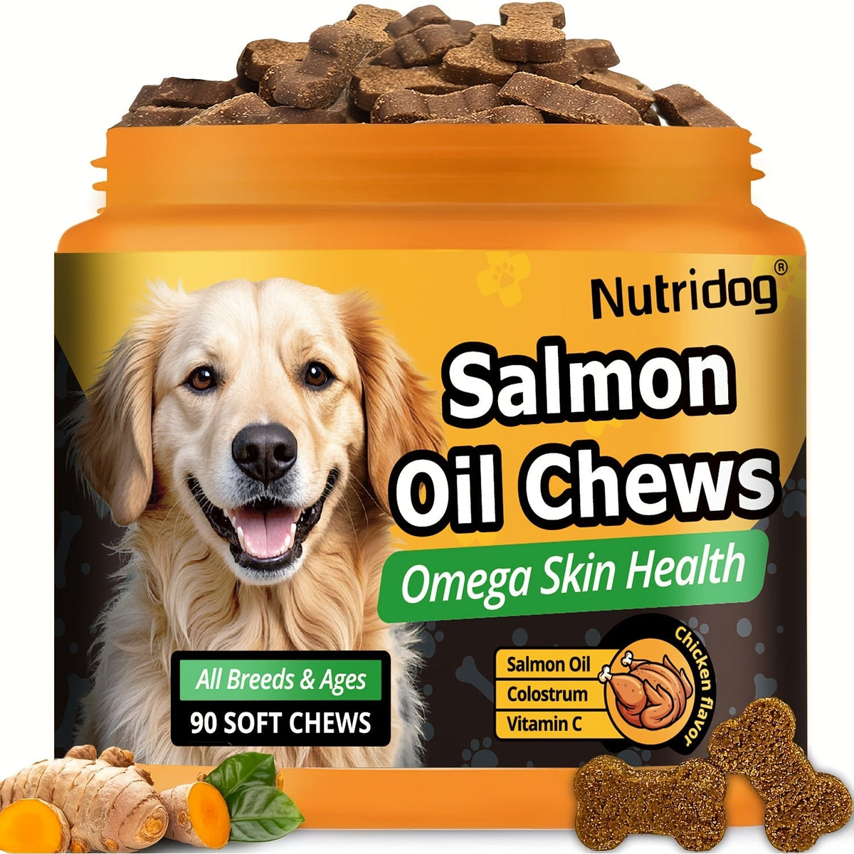 Dog Nutritional Supplement Soft Chews 90 Count with Probiotics Salmon Oil Chicken Flavor - Supports Coat, Gut Health, and Immunity for Dogs of All Ages 225g