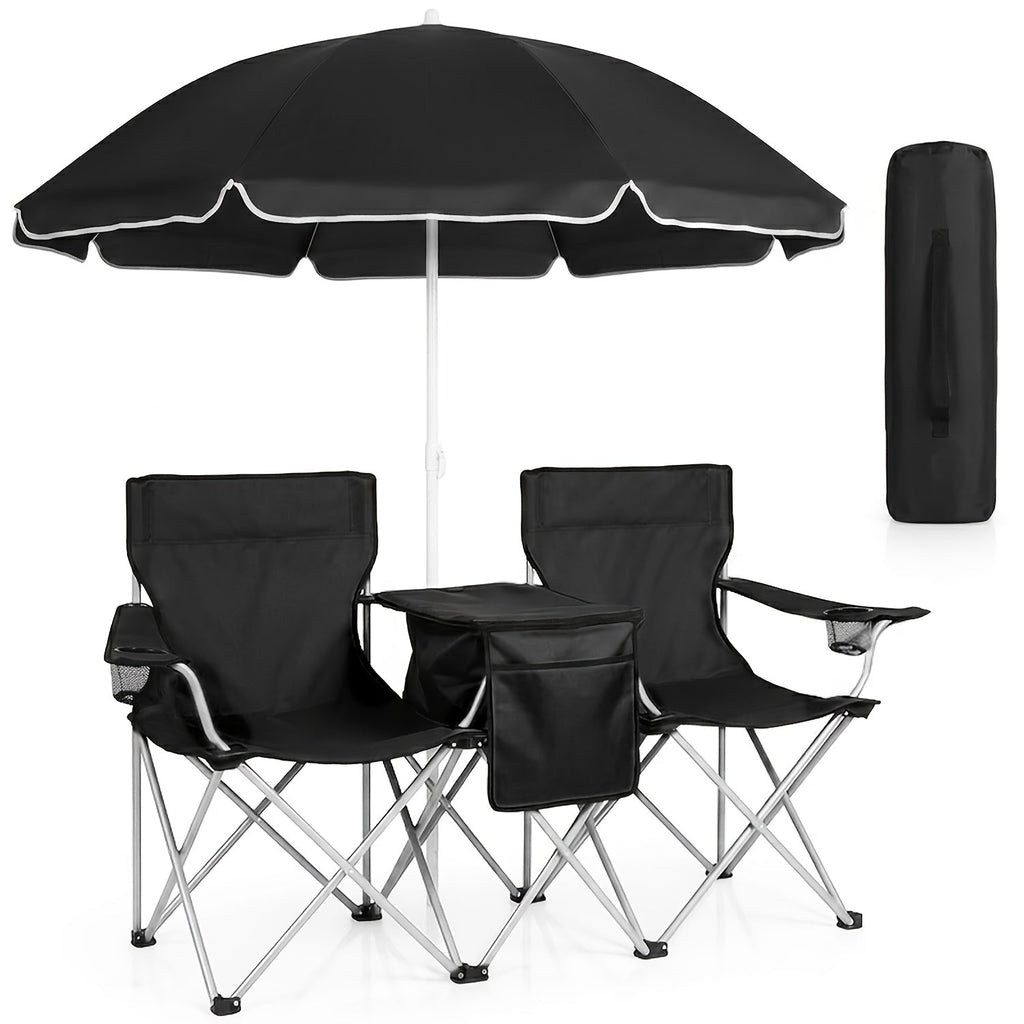 2-Person Camping Chair with Detachable Canopy – Folding Outdoor Loveseat with Cup Holders Cooler Table & Carry Bag for Beach Picnic Fishing BBQ