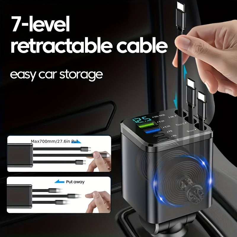 7-in-1 Fast Car Charger with 3 Retractable Cables, LED Digital Display, and 180° Adjustable Universal Plug - Multi-Port Car Phone Charger for iPhone, Android, and USB-C